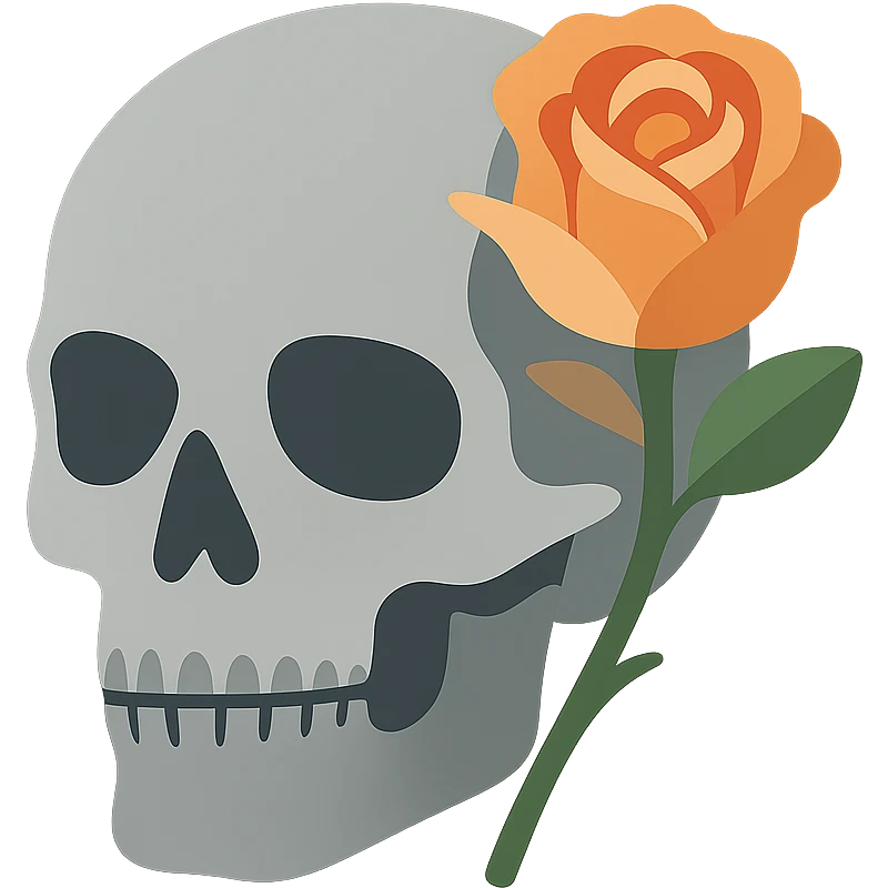 A dark, light grey skull with sharp, angular features and a mysterious, haunting aura, featuring a rose delicately placed in one of its hollow eye sockets. The skull is in shades of grey, accented with soft tones of golden orange (FA9B41), forest green (4A7C5C), muted taupe brown (96775A), and pastel peach (FFCC9A). The rose, vibrant in its peach and orange hues, contrasts with the cold, eerie grey of the skull, its petals unfurling gently around the eye socket. The background is dim and shadowy, with a faint, mystical glow illuminating the skull and rose, adding to the gothic and slightly surreal atmosphere. The scene feels both haunting and beautiful, with a touch of elegance. emoji