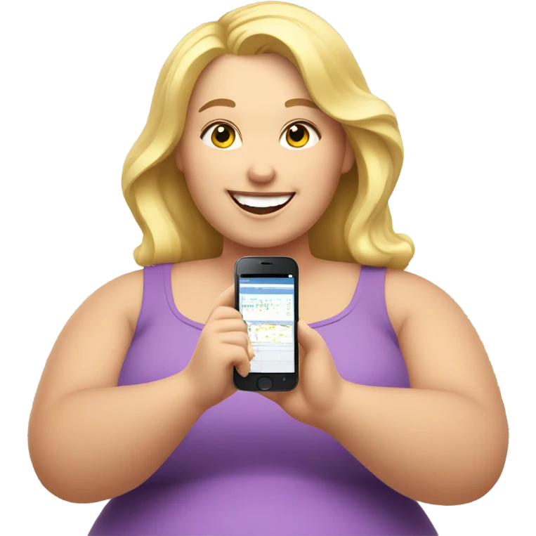 overweight curl blondie woman happy with a smartphone in hands showing charts emoji