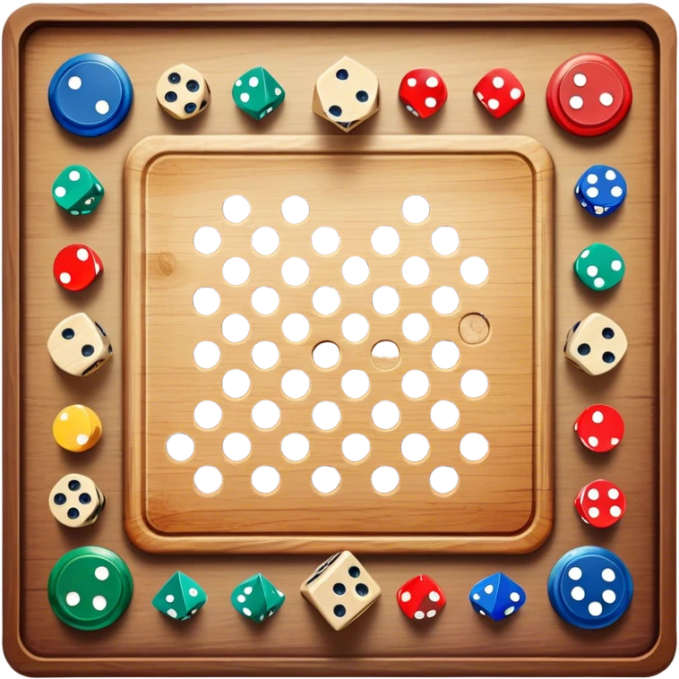 A photorealistic icon featuring a wooden board with a variety of game pieces, dice, a spinning top, and a set of colorful tokens. The design includes a rich, detailed texture of the board and game pieces, capturing the fun and strategy of different tabletop games. Transparent background. emoji