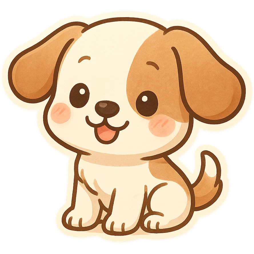 a playful puppy with floppy ears, chibi sticker style emoji