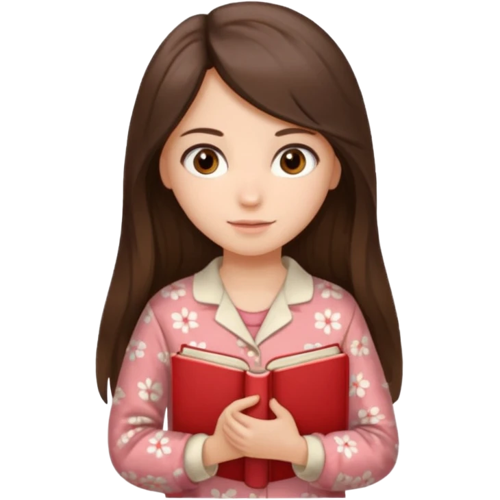 Миловидная девушка брюнетка с длинными  волосами, карими глазами в пижаме с книгой. Картинка должна были в цветах: бежевый, бледно красный и коричневый, белый emoji