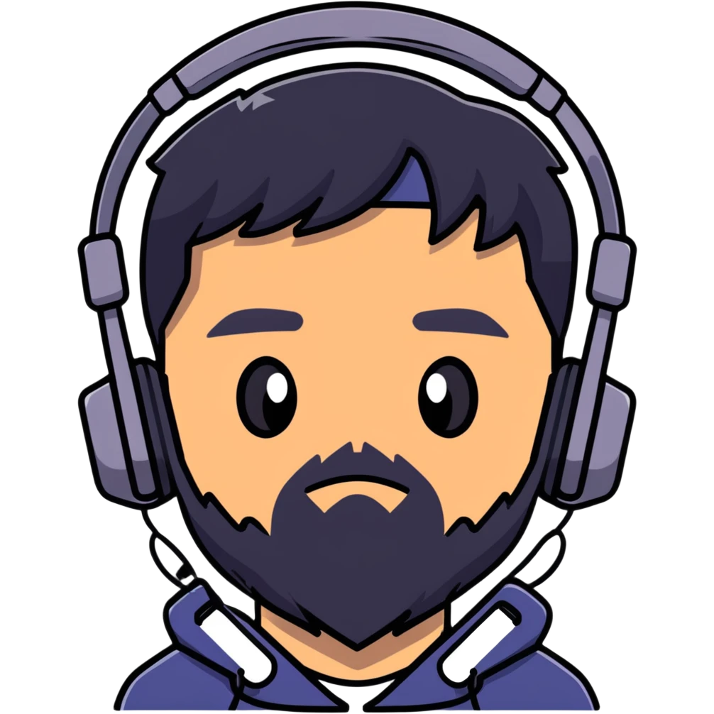 Anime-style character with black hair, brown eyes, black beard, and gaming headset, Japanese animation style emoji
