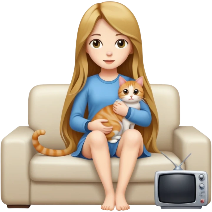 Generate a full-body picture of a beautiful girl with long hair holding a cat and watching TV emoji