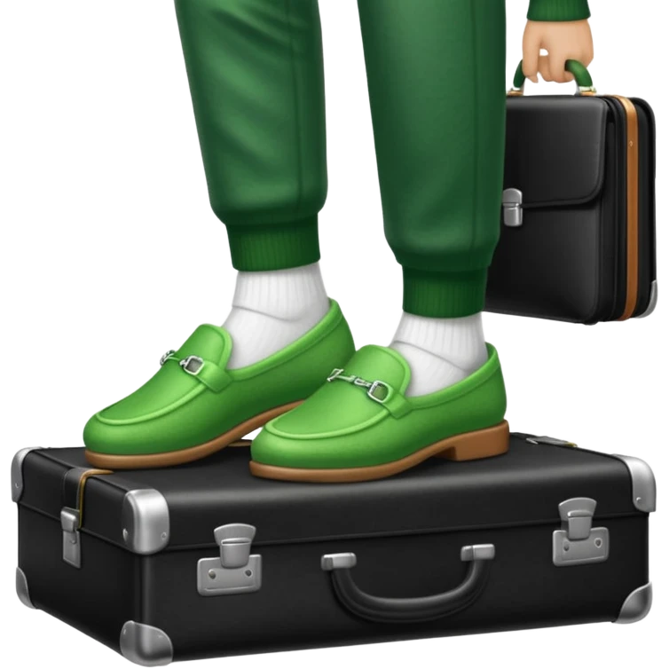 Feet with white socks wearing green house slippers standing on a briefcase emoji