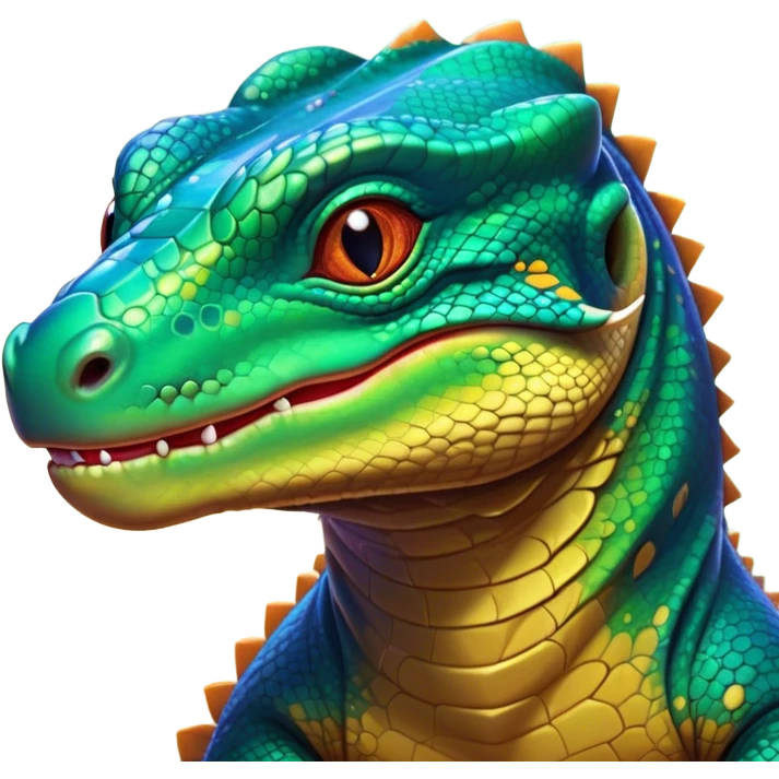 Cinematic Cute Komodo Dragon Lizard Portrait Emoji, Head tilted playfully and inquisitively, with a sleek, scaled form accented by vibrant hues and curious, sparkling eyes, Simplified yet irresistibly adorable features, highly detailed, glowing with a warm, lively glow, high shine, affectionate and spirited, stylized with a touch of exotic charm, bright and endearing, soft glowing outline, capturing the essence of a mischievous yet captivating lizard that seems poised to scurry out of the screen into your heart! emoji