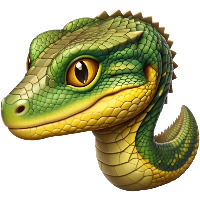 cinematic-realistic-cute-monitor-lizard-portrait-emoji,-head-tilted-playfully-and-inquisitively,-featuring-a-compact,-agile-body-with-finely-detailed,-glossy-scales-in-earthy-olive-hues-and-a-distinct,-alert-face-with-bright,-curious-eyes, yellow and green multi coloured  scales emoji