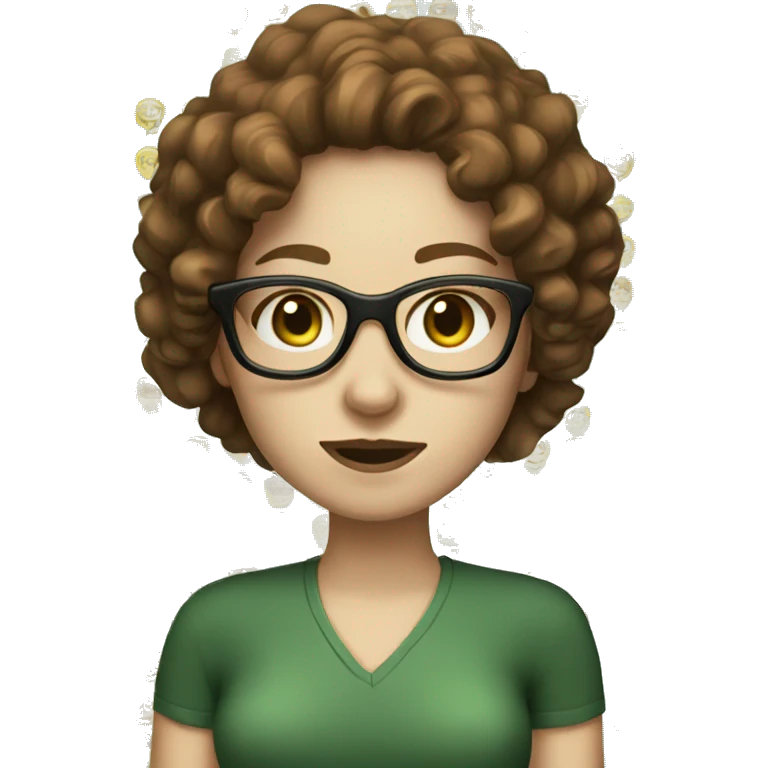Cool woman with pale white skin, brown curly hair, glasses and green eyes emoji