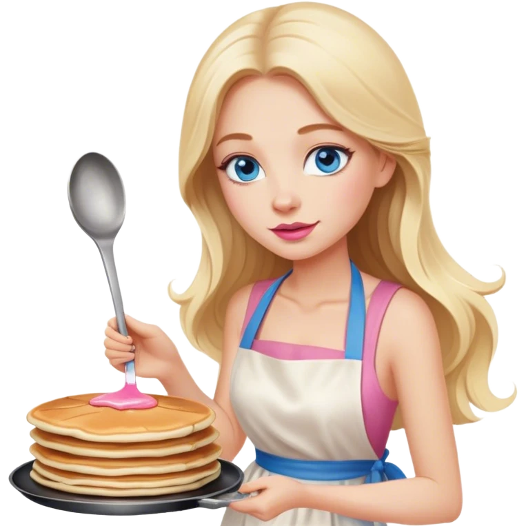 Cinematic realistic beautiful blonde with long hair, blue eyes and pink lips in a white dress cooks pancakes emoji