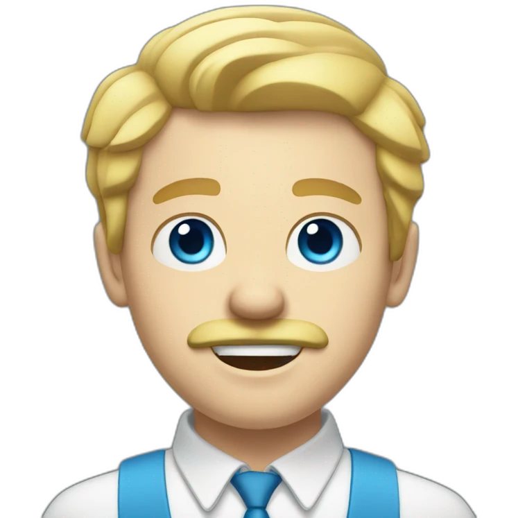 White man with blonde hair and moustache and blue eyes with slightly open mouth facing emoji