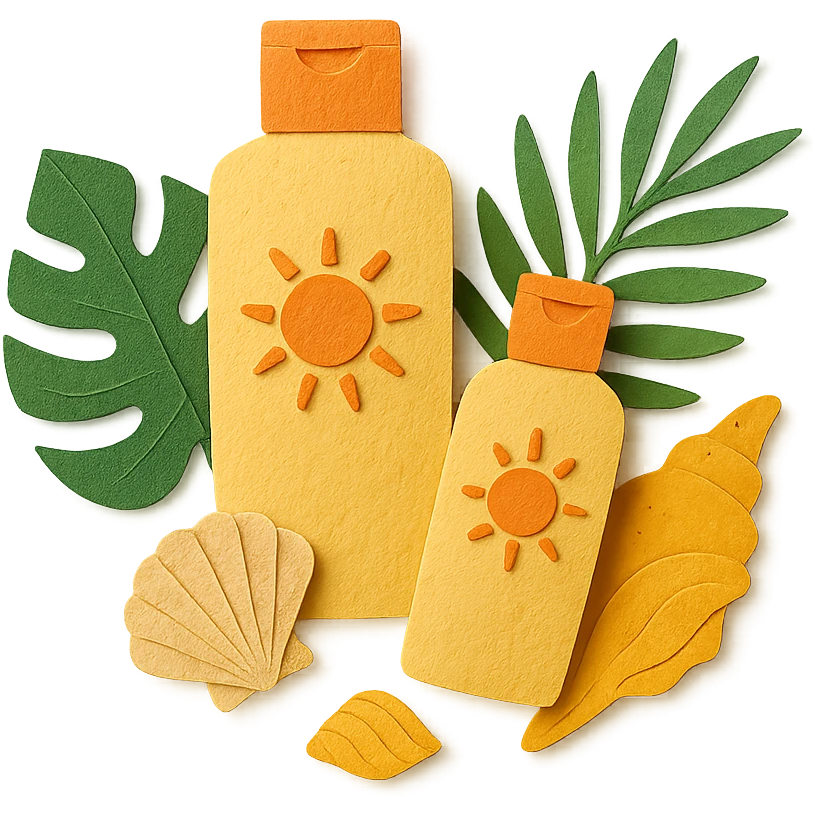 group of sunscreen bottles, shells, and tropical leaves, layered paper effect, paper-craft style emoji