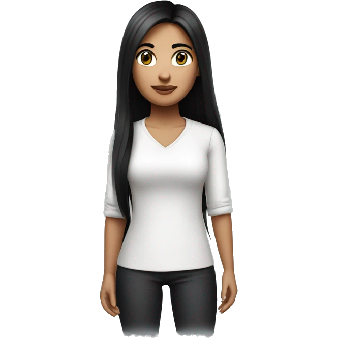 make a memoji of a beautiful and cute woman wearing a white shirt with crossed arms with long black hair with narrow eyes and not too thick eyebrows emoji