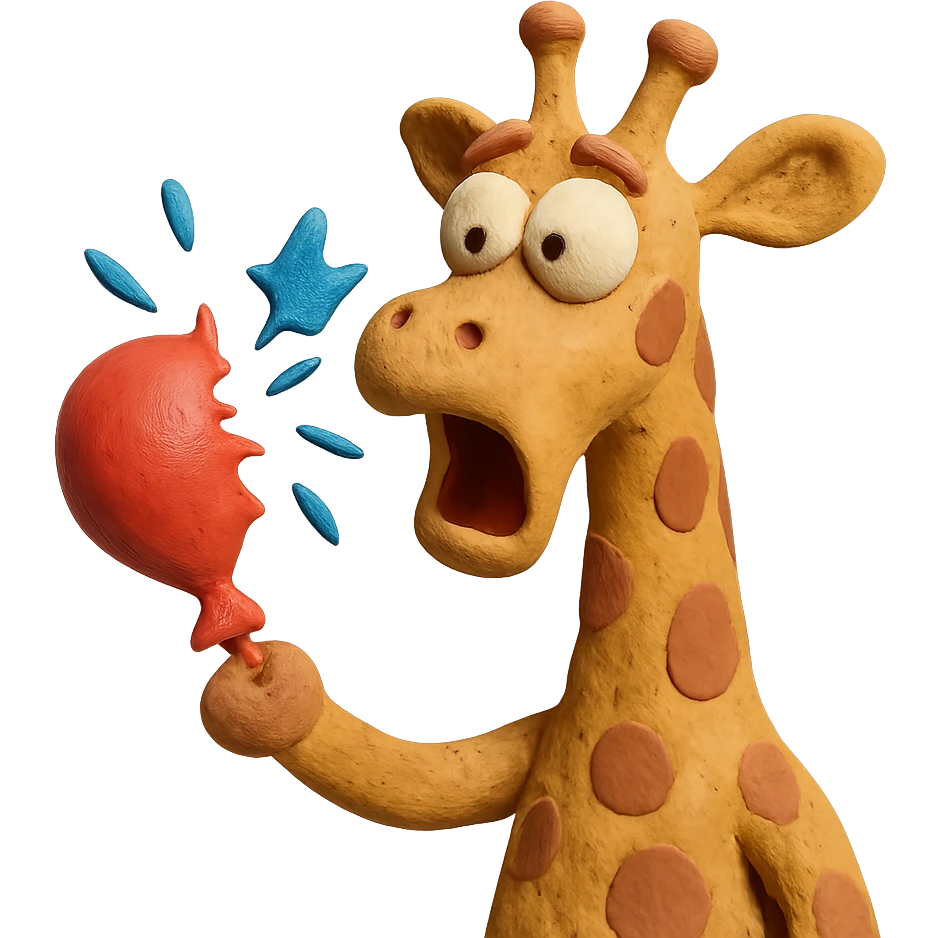giraffe popping balloon in surprise expression, claymation style emoji