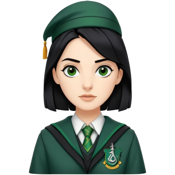 genevieve gaunt is Pansy Parkinson in harry potter, wear hogwarts slytherin uniform, black hair, not wearing hat emoji