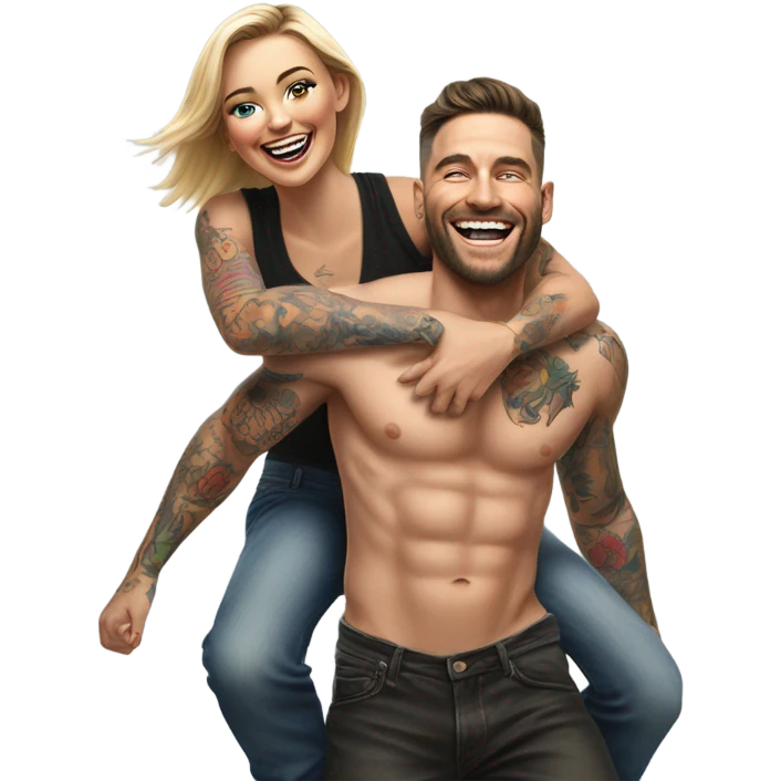 Hyper Realistic beautiful woman getting a piggy back off a handsome tattooed man laughing  emoji