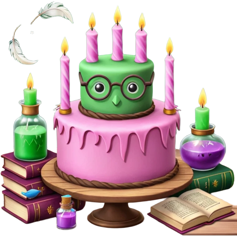 Harry Potter themed pink birthday cake with green 'Happy Birthday Harry' icing, surrounded by wizard books, candles, potion bottles, feathers, and glasses on wooden table, magical atmosphere." emoji