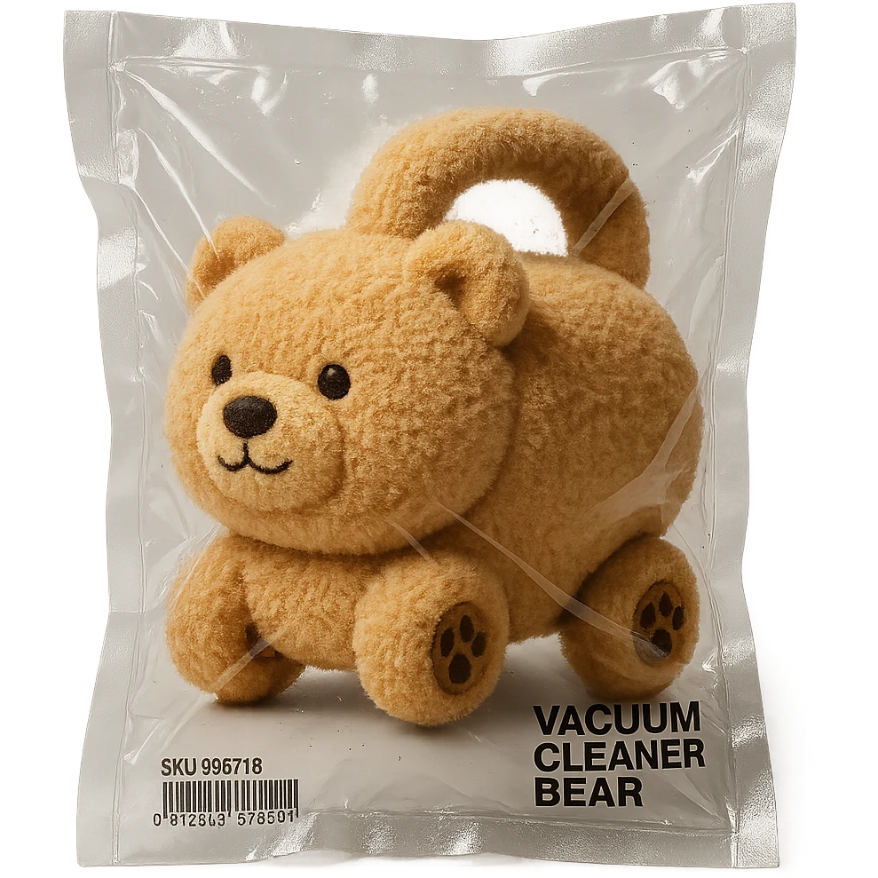 vacuum cleaner bear, fluffy, rolling with tiny paw wheels, soft brown pastel, full-body emoji