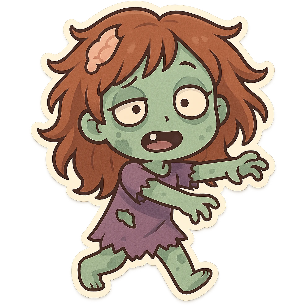 girl zombie with wild hair, missing tooth, quirky expression emoji