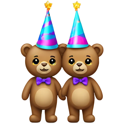 2 teddy bears wearing party hats and holding hands emoji