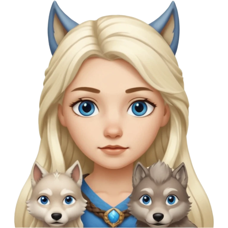 Viking platinum blonde girl with long hair, forelocks and blue eyes. Wolf pet emoji