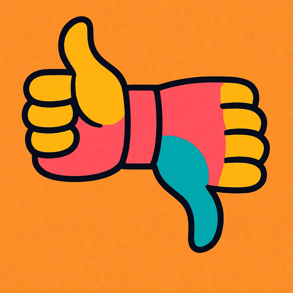 playful colorful cartoon hand with two thumbs, one thumb up and one thumb down emoji