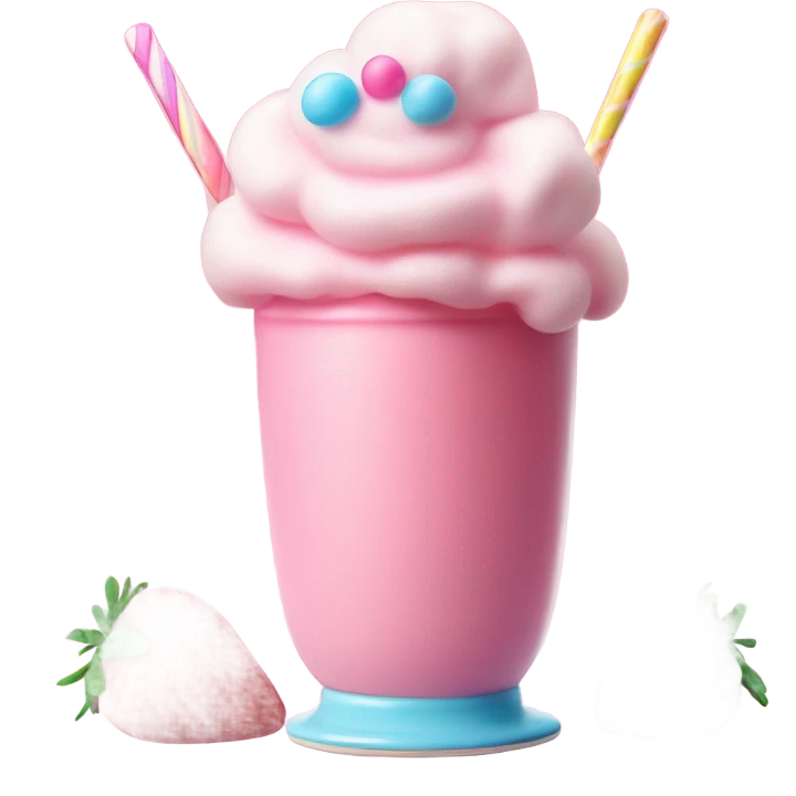 a strawberry milkshake topped with a candy covered marshmallow, gummy candy ribbon, and cotton candy emoji