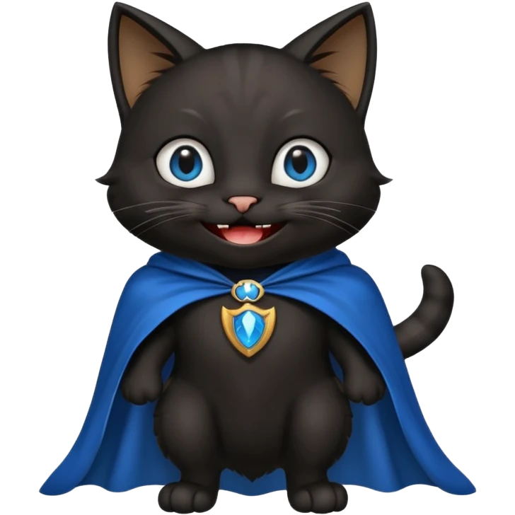 an all black anthropomorphic cat with blue eyes wears an all black cape and is smiling a mischievous sharp tooth grin emoji