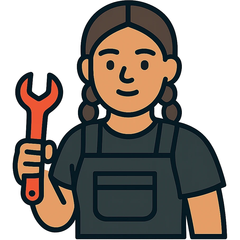 A 40-year-old Latina woman with light brown skin, two braids pulled back, dressed in all black mechanic scrubs, working as an auto mechanic emoji