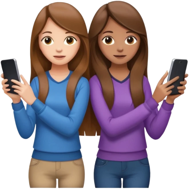 two brown haired girls, looking professional maybe leaned on each others back and looking forward and using phones, with long hair and with some cute clothes without ties, one girl can hold lap top another one can hold the phone emoji