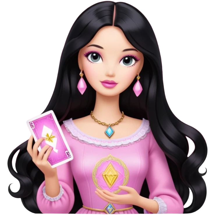 long black hair barbie with light pink tarot cards emoji