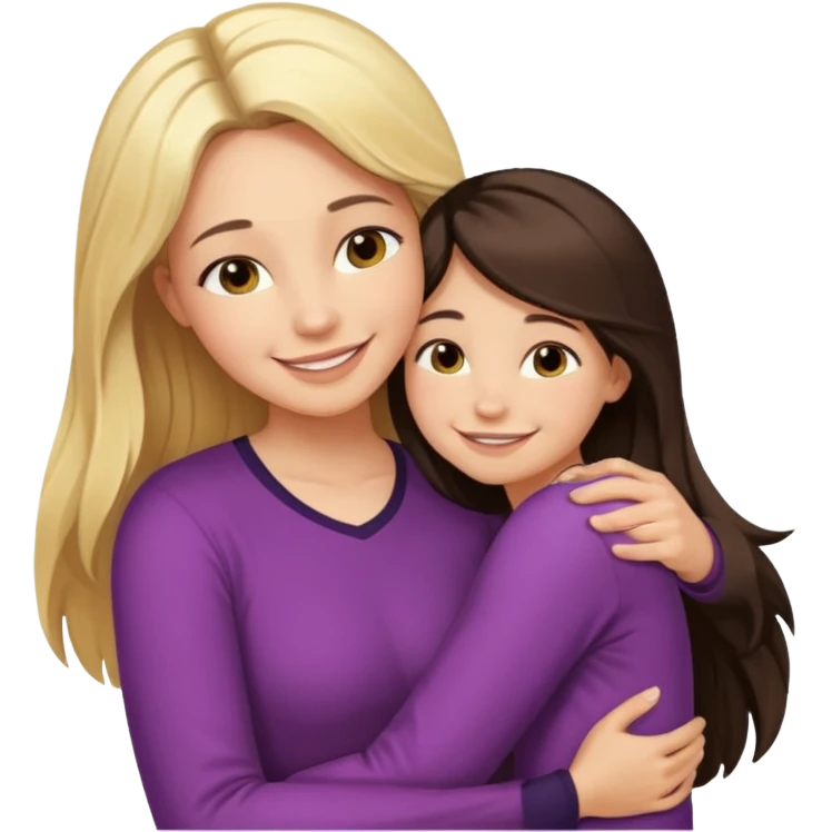 A beautiful mother with long dark brown hair hugging her cute 12yr old blonde hair daughter super happy emoji