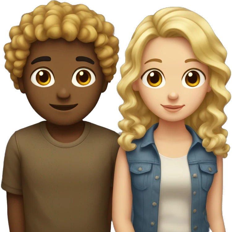 Brownhead boy with curls with blond girl with waves couple hugs emoji