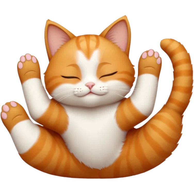 ginger and white small cat eyes closed lying down upside down with paws stretched out in different directions emoji