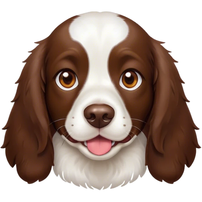 Cinematic Cute Springer Spaniel Portrait Emoji, Head tilted playfully and inquisitively, featuring a vibrant Fur of liver and white with a natural sheen, round, sparkling brown eyes filled with curiosity, Simplified yet irresistibly adorable features, highly detailed, glowing with a warm, friendly glow, high shine, affectionate and lively, stylized with a touch of whimsy, bright and endearing, soft glowing outline, capturing the essence of a mischievous yet loving pup, so playful it feels like it could frolic out of the screen and into your arms! emoji