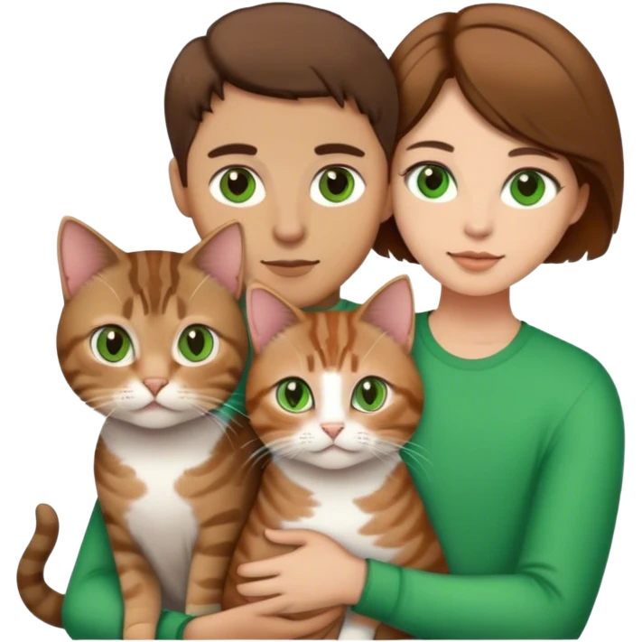 white couple with brown hair, man has short hair and brown eyes. woman has long hair and green eyes .they’re holding a tabby cat  emoji