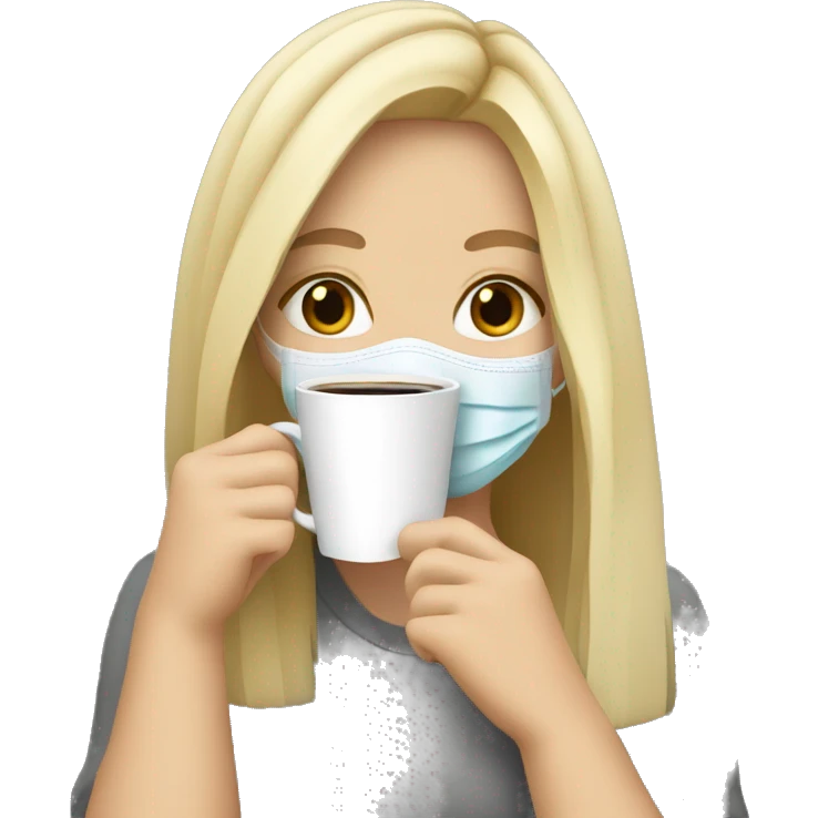 Blonde girl wearing α face mask and holding α coffee emoji