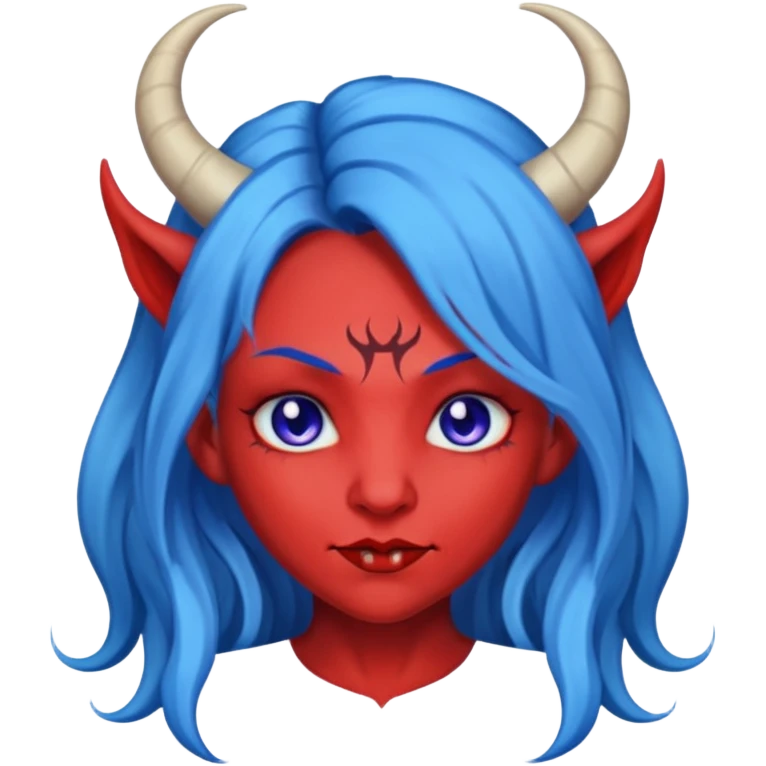 Female devil with long blue hair and horns,  cute face, half body emoji