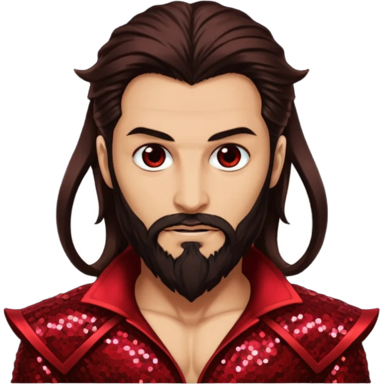 Samael, Venom of God from Gods and Goddesses with tan skin, long dark brown and beard, dark red sequin outfit emoji