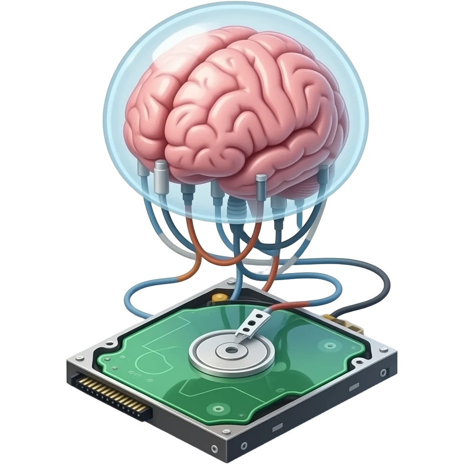 a transparent synthetic brain floats like alien attached to many cables and tubes on a hard drive emoji