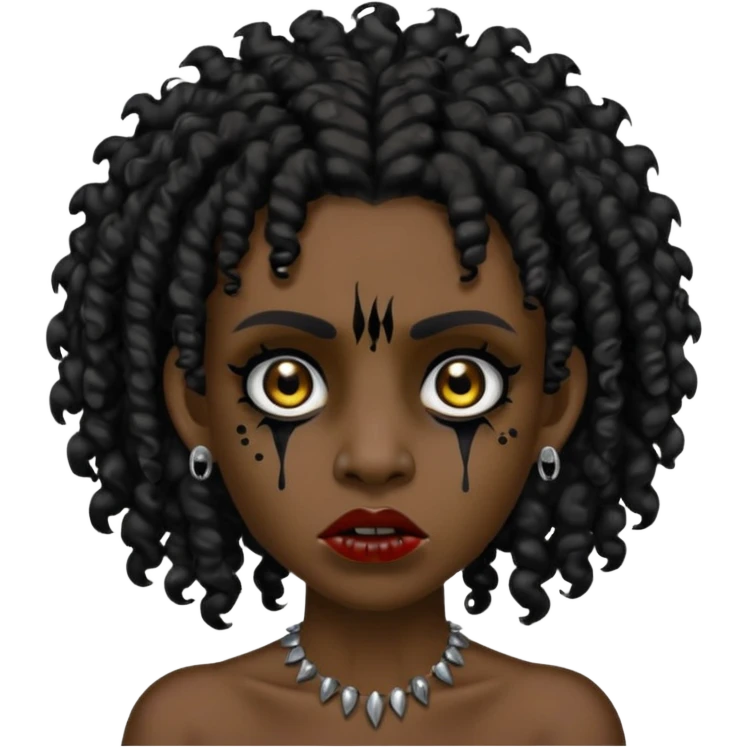 Zumbi with black and curly hair, studded earrings on both ears, black eye emoji