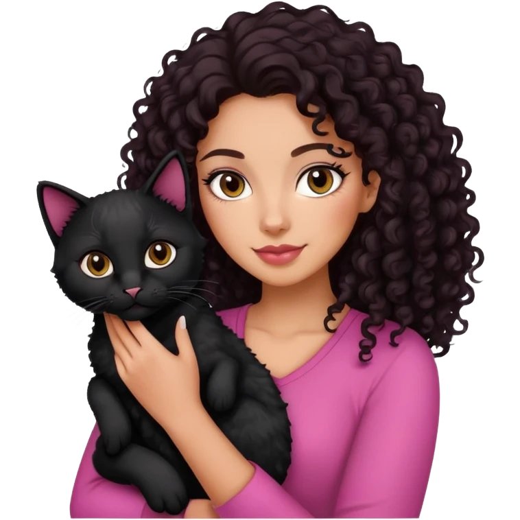 A woman wearing pink tan skin with dark curly hair holding her black cat emoji