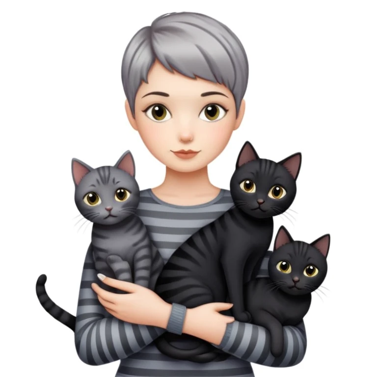 Girl with short pixie cut holding three cats, one black cat, one grey cat, and one grey-striped cat emoji