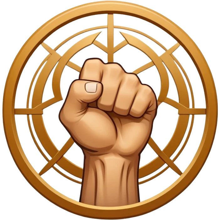 An emblem symbolizing striking martial arts, featuring a clenched fist in the center surrounded by dynamic lines representing speed and power. The background includes subtle elements of a combat ring and traditional martial arts symbols. Transparent background. emoji