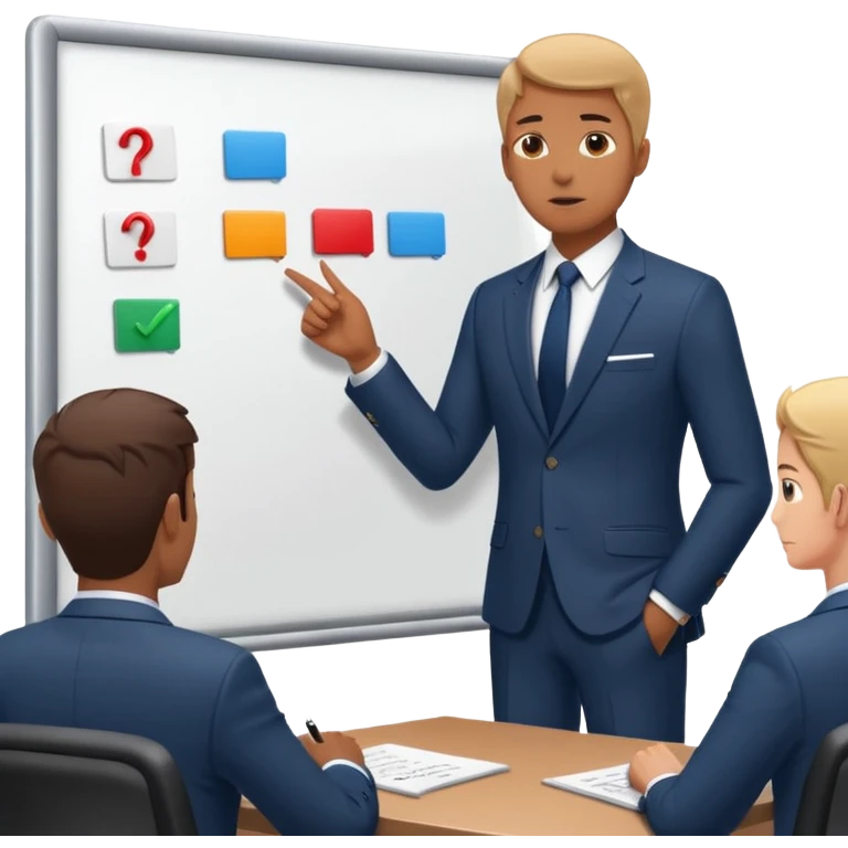 Create a realistic emoji of a person making some decisions in front of a grounp while standing in a office. the team is sitting while the leader stands next to a white board emoji