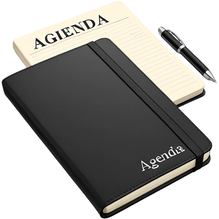 A professional-looking black Moleskine notebook opened flat showing a page with 'AGENDA' written at the top and a neat list of bullet points for meeting items emoji