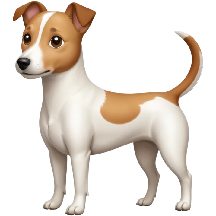 a full body white jack russel looking dog the size of a kelpie with light brown ears and a light brown patch on one eye and a large snout emoji