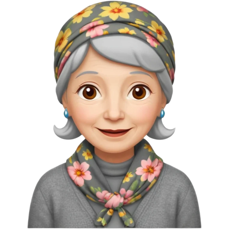 A kind old Soviet village grandmother emoji — elderly woman wearing a floral headscarf tied under her chin, simple gray cardigan, warm smile, friendly face, flat emoji style, minimal Apple-like design. emoji