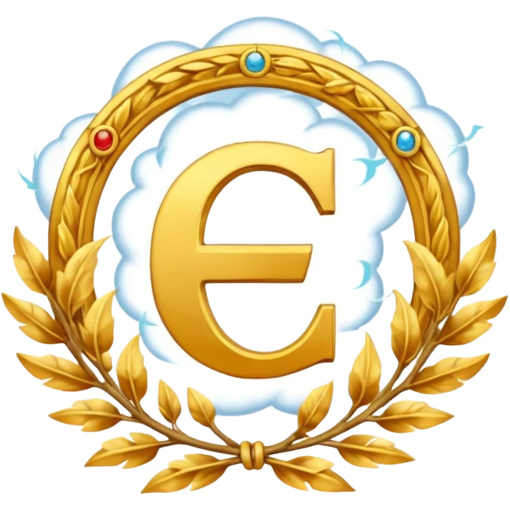 cartoonish emoji with the letter C, golden, surrounded by clouds and lightning, laurel wreath, hints of time like hourglass or clock hands, inspired by the gods of Olympus, representing Chronos emoji