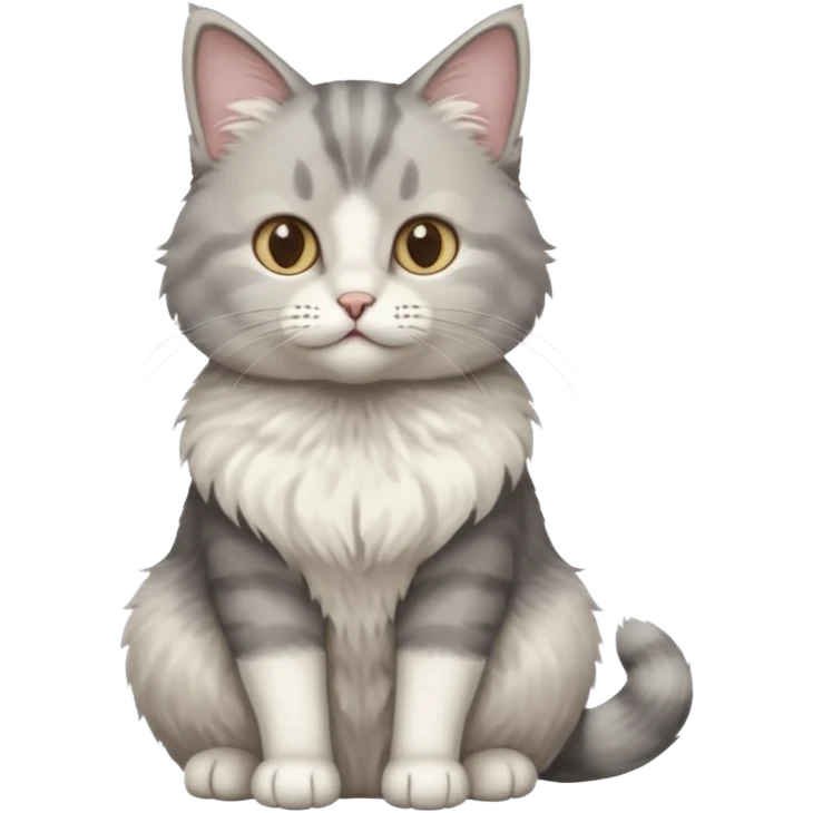 a realistic looking very fluffy grey and white cat sitting up straight emoji