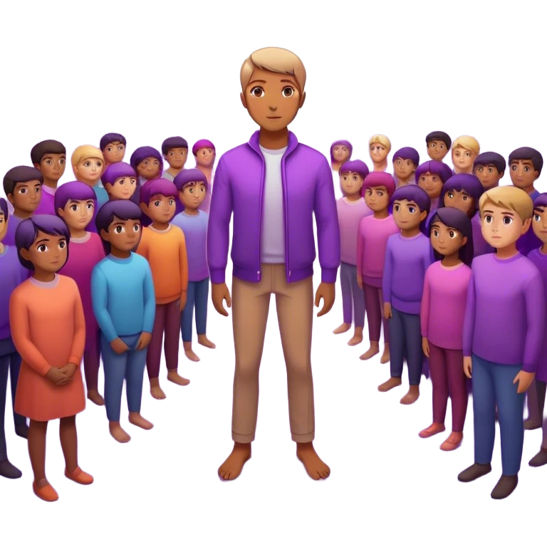 A charismatic person standing confidently in the center of a room, radiating a violet warm bright aura glow, he is calm with a lot of people around emoji