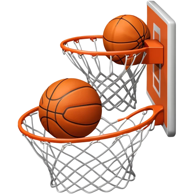 A close-up of a basketball swishing through the hoop, with the net slightly bouncing. The background features a blurred basketball court, capturing the excitement and precision of scoring in the game. emoji